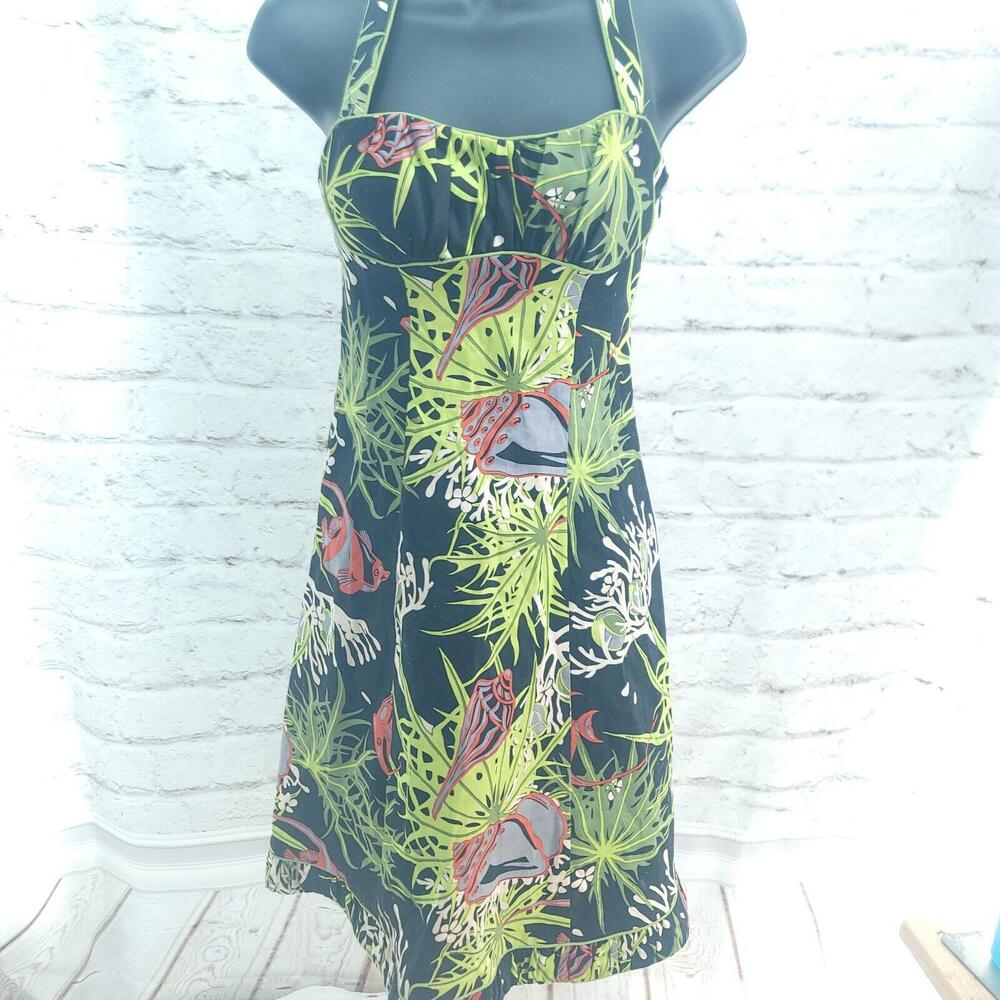 Nanette Lepore Halter Black Green Red Foliage Size 2 Zip Dress